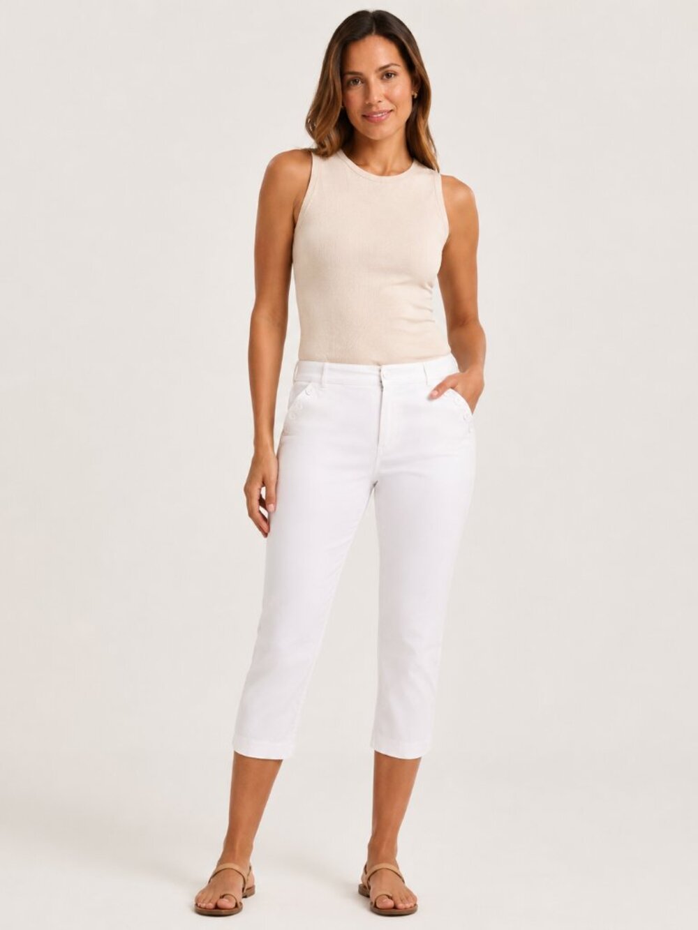 Zac & Rachel White Cropped Capri Pants Size 8 Button Pocket Detail Stretch Cotto